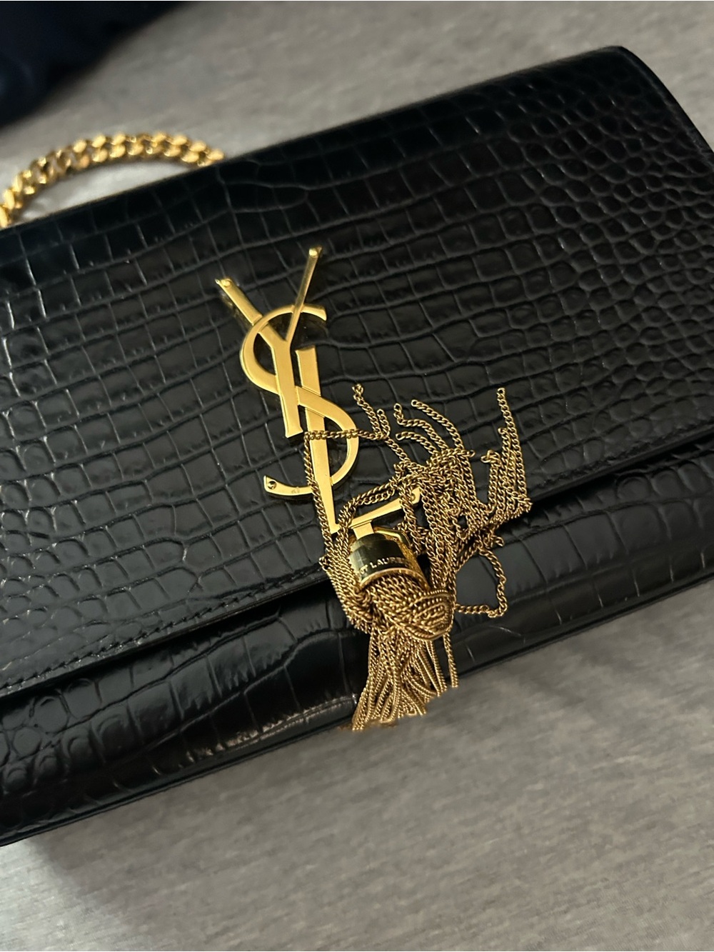 Saint Laurent Black Croc-Embossed Tassel Monogram Chain Crossbody - Picture 7 of 7